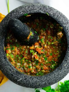 Authentic Mexican Red Salsa in a Molcajete