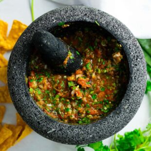 Authentic Mexican Red Salsa in a Molcajete