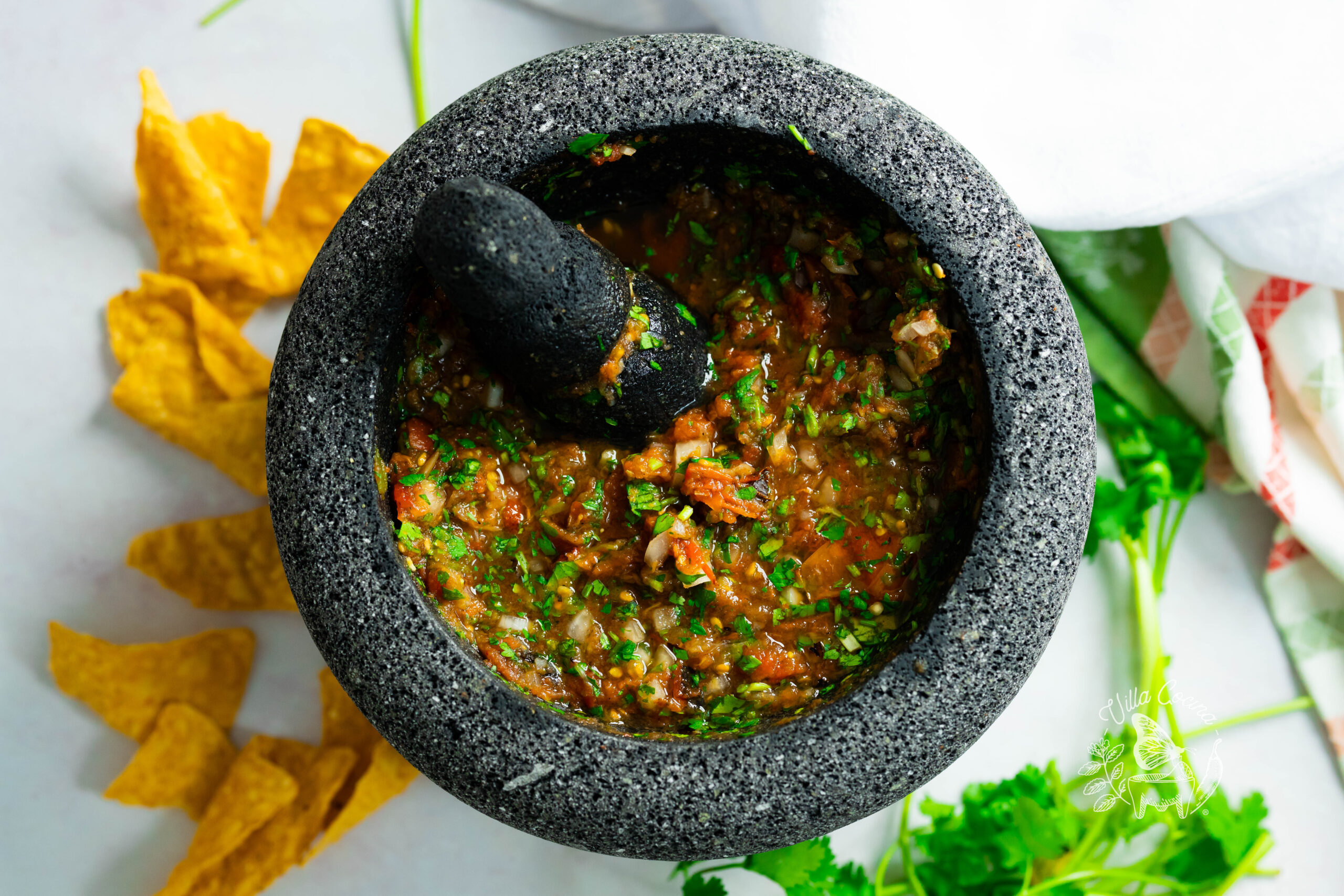 Authentic Mexican Red Salsa in a Molcajete