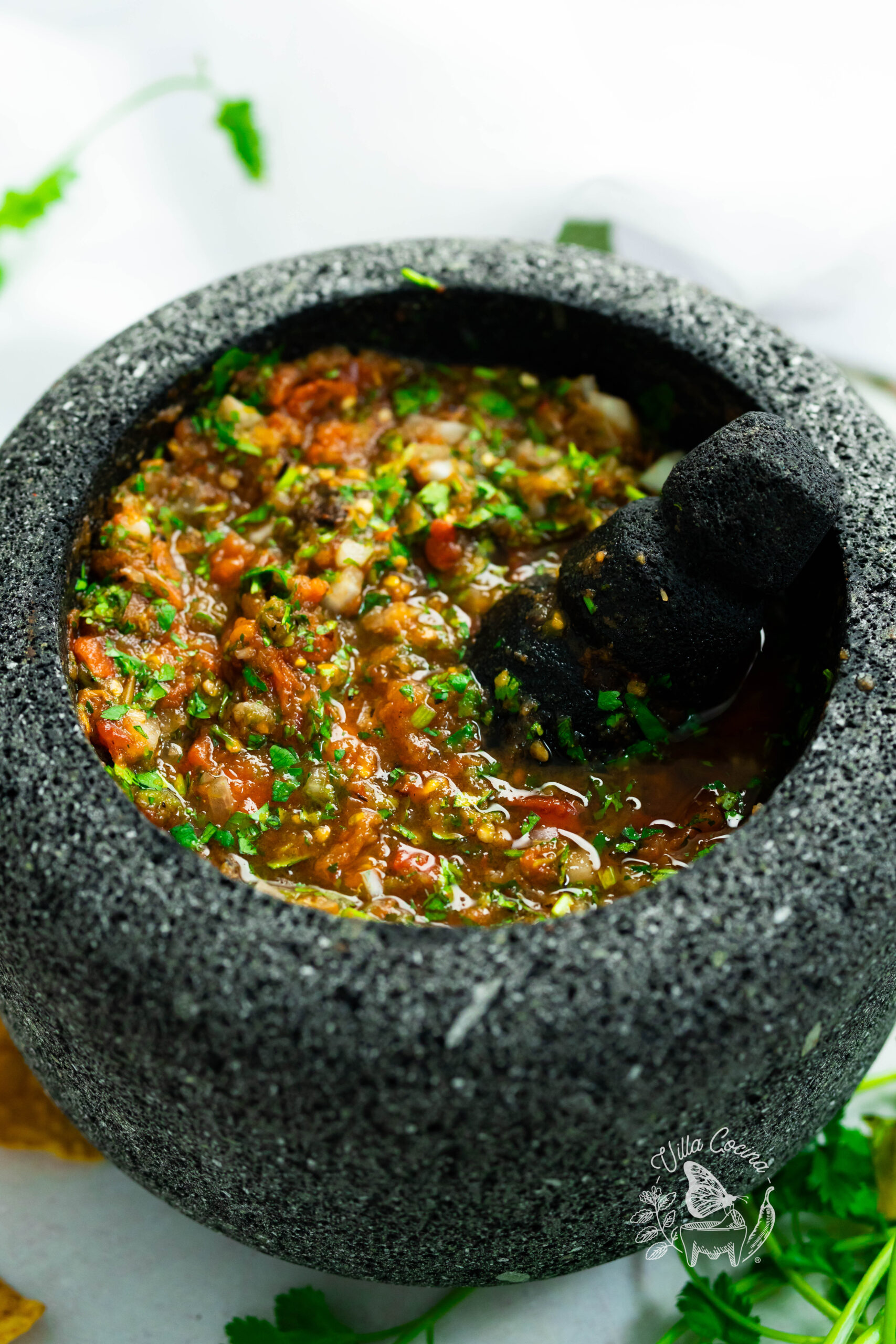 Authentic Mexican Red Salsa in a Molcajete