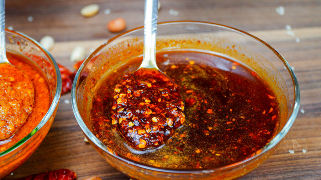 a spoon with deep red salsa macha