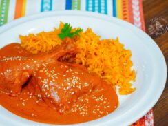 Mole Rojo is a Mexican Dish made with dry peppers and chicken.