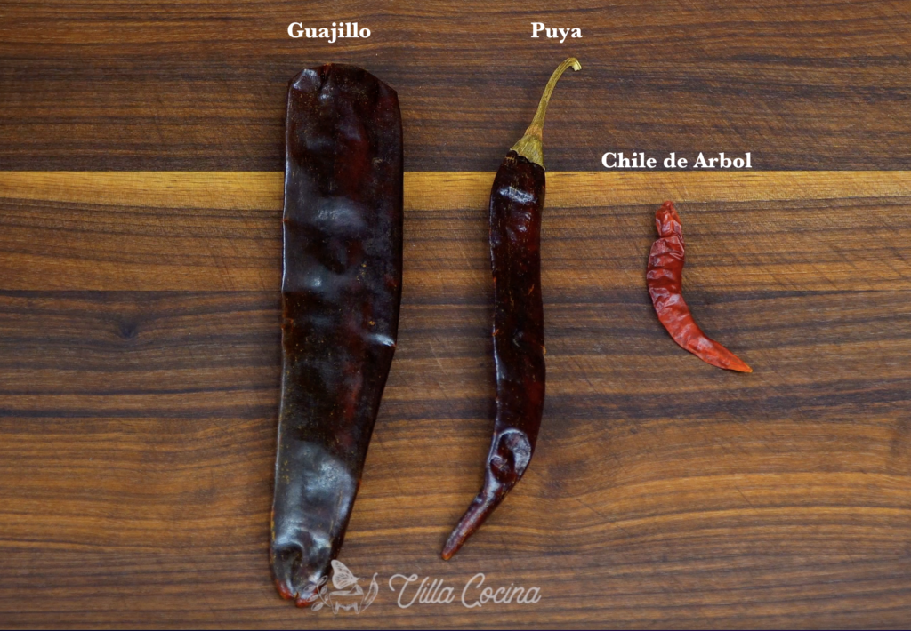 showcasing three types of pepper: guajillo, puya, and Chile de arbol