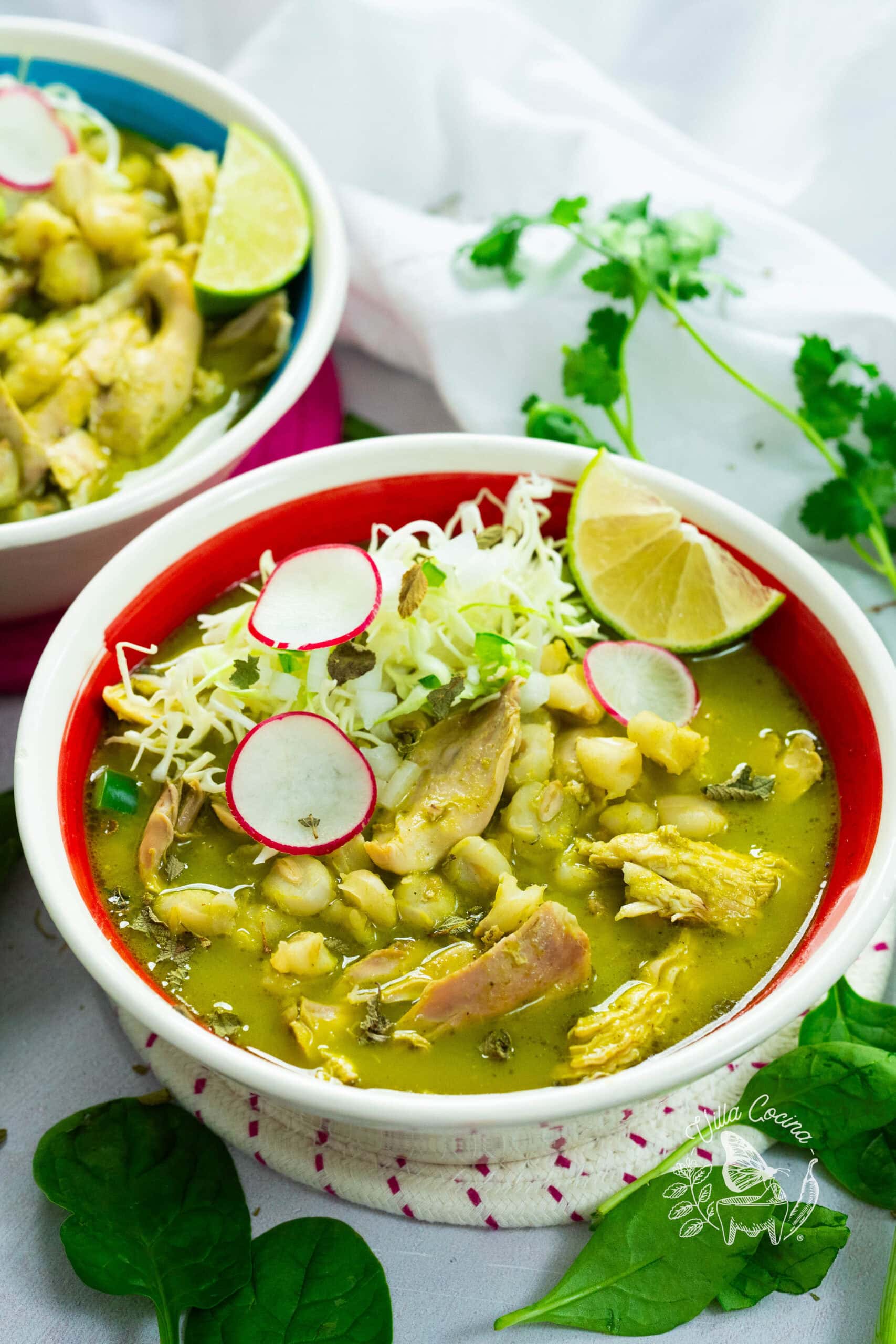 Plated green chicken pozole with toppings.