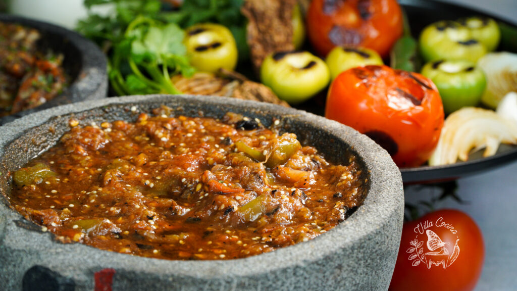 Authentic Mexican salsa with chipotle in a molcajete