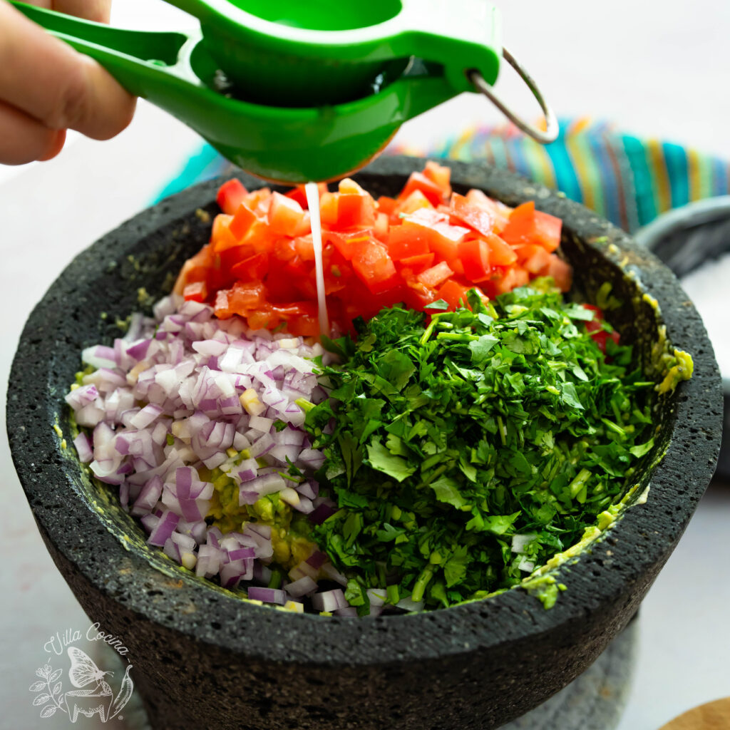 Onion, tomato, Cilantro, and avocado in a molcajete