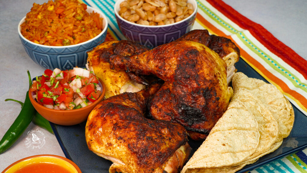 Pollo loco served with; Mexican rice, beans, salsa, Pico de Gallo, and corn tortillas. 