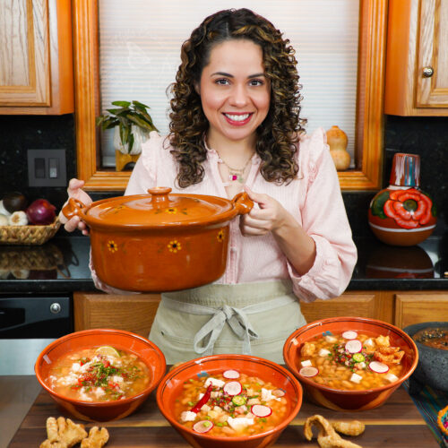 Rossana from villacocina is holding a clay pot. There is a display of frijoles de la olla combinations as well.