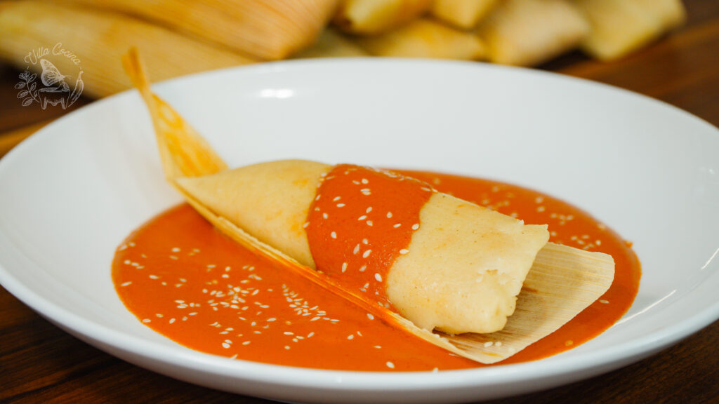 a tamal with mole rojo sauce