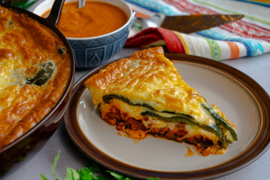 A slice of chille Rellenos casserole