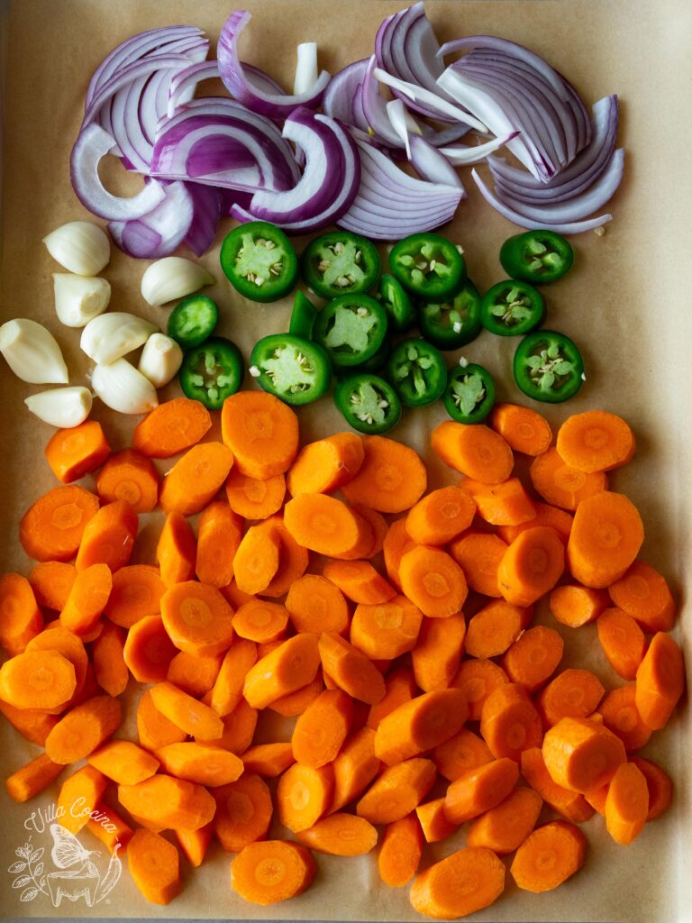 Chopped ingredients for a quick pickled carrots recipe