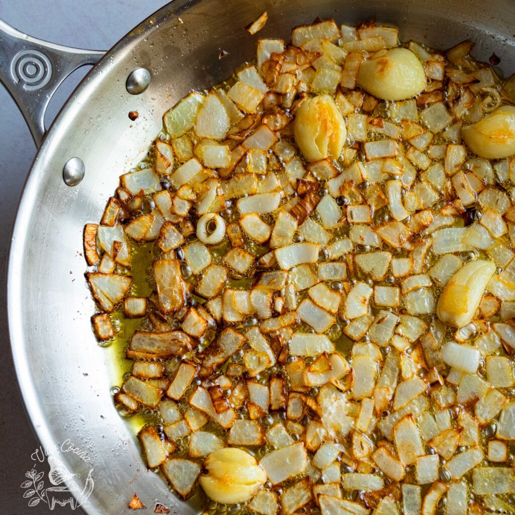 Sautéed white onions and garlic.