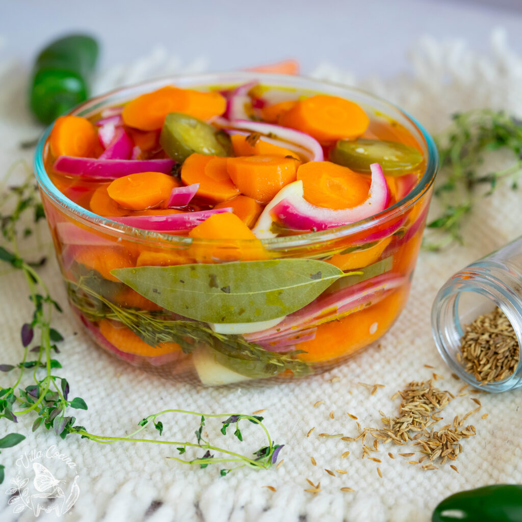 Quick pickled carrots displayed.