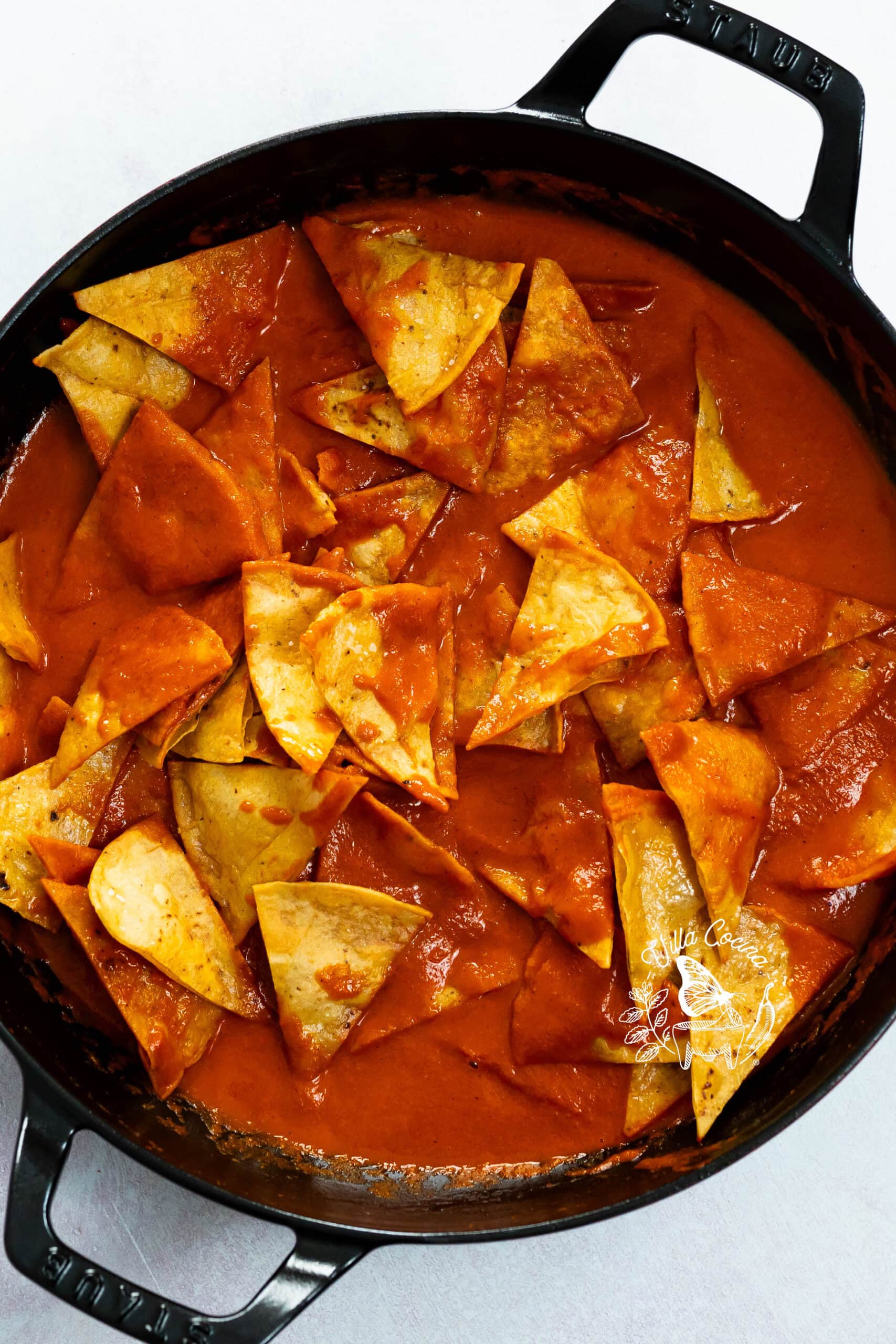Corn tortillas coated in salsa
