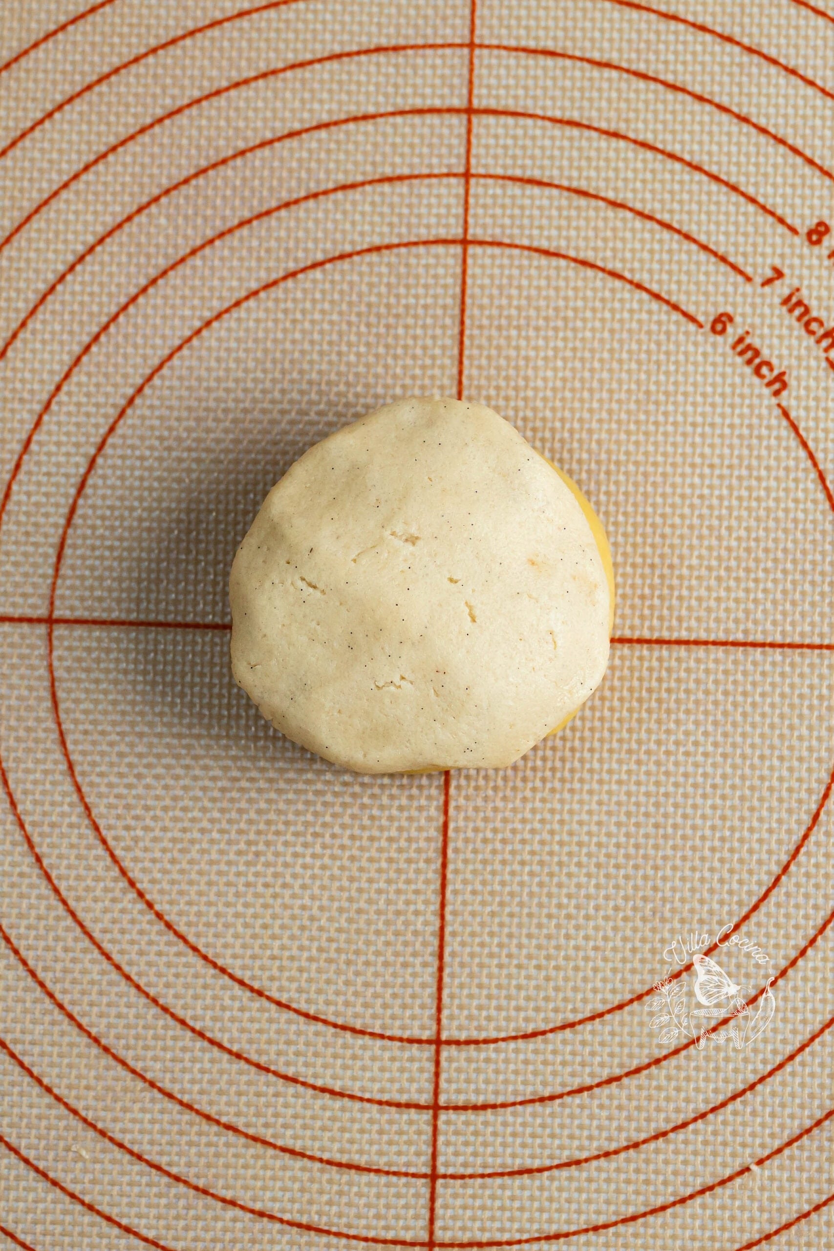 Concha dough covered with vanilla topping before scoring.