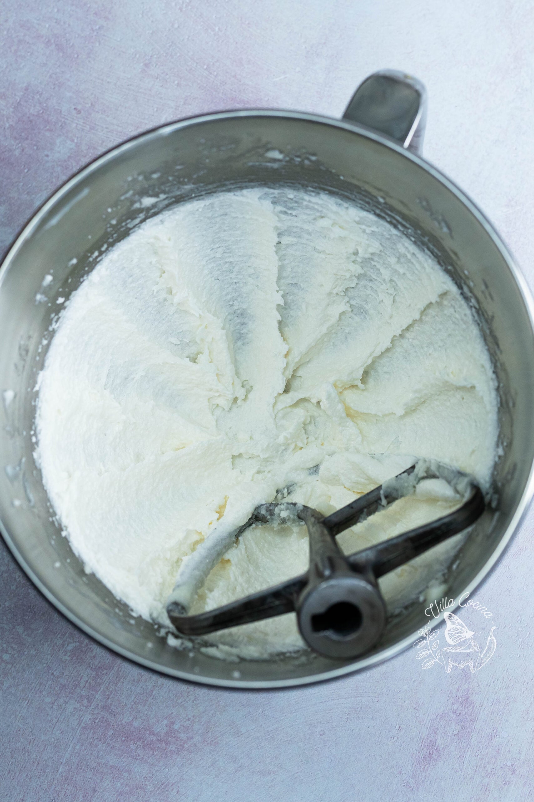 Creamed shortening and sugar in a mixer bowl with the paddle attachment.